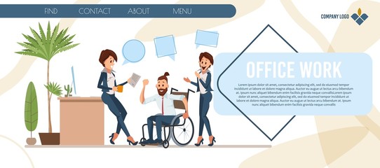 New Profession Professional Training for People with Disabilities Trendy Flat Vector Web Banner, Landing Page. Female Employees, Colleagues Greeting Man in Wheelchair with Job Promotion Illustration