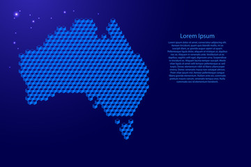 Australia map from 3D blue cubes isometric abstract concept, square pattern, angular geometric shape, glowing stars. Vector illustration.