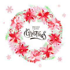 Christmas wreath with poinsettia flowers, fir branches and rowans. Holiday decoration. For postcards, greetings, cards, logo. Hand drawn design elements with watercolor texture. Festive backdrop. - 308394970