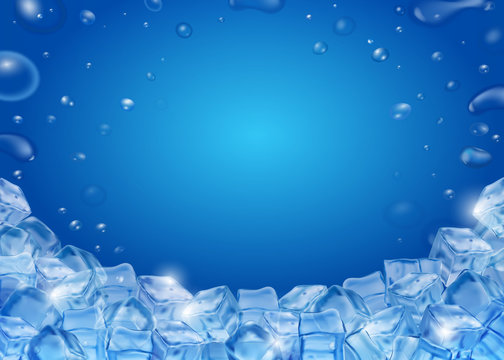 Ice cubes blue background. Realistic Ice transparent illustration ads template