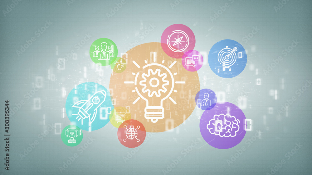 Poster view of a cloud of colorfull start up icon bubble with data binary 3d rendering