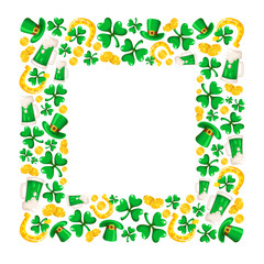 Saint Patricks Day frame - cartoon square compositon with shamrcock or clover leaves, golden coins, bowler hat, horseshoe and beer cup, traditional folk holiday symbols or festive decorations, vector