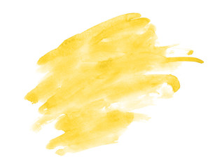 Fototapeta premium Yellow abstract watercolor background image with a liquid splatter of paint, isolated on white.