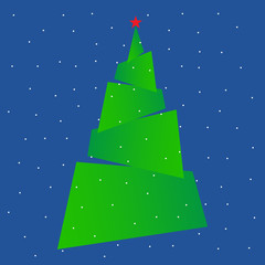 Modern 3D Christmas New Year tree with a star on a blue background with snowflakes. Vector illustration.
