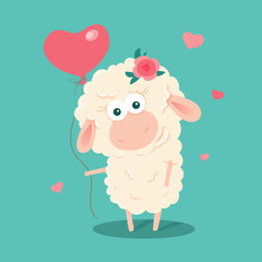Cute cartoon sheep with a balloon. Vector illustration