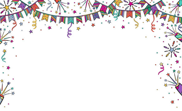 Festive background for birthday, children's party with garlands, fireworks. Bright vector illustration banner with free place for text on white background.