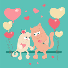 Cute cartoon cats in love on a swing with balloons. Vector illustration