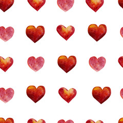 Watercolor seamless pattern with red hearts. Background romantic design about Happy Valentine's day or wedding background for greeting card, wrapping paper and textile fabric.