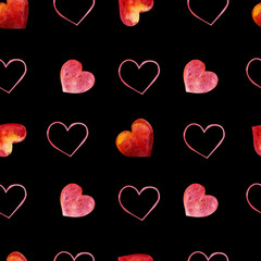 Watercolor seamless pattern with red hearts. Romantic cute illustartion design about Happy Valentine's day, wedding background or inspiration card.