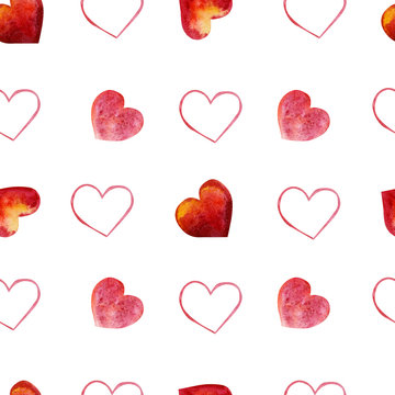Watercolor seamless pattern with red hearts. Romantic cute illustartion design about Happy Valentine's day, wedding background or inspiration card inspiration card for any holiday.