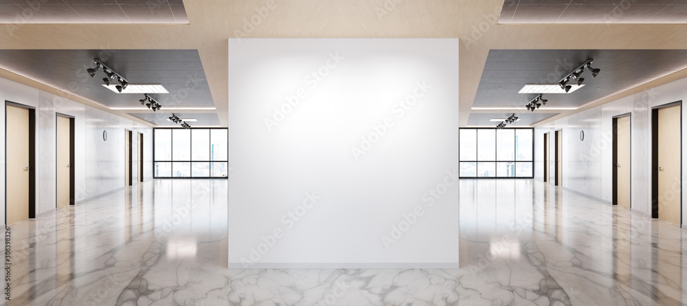Poster blank wall in marble and wooden office mockup with large windows and sun passing through 3d renderin