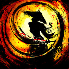 The silhouette of a samurai woman with long hair and a wide hat with a katana in her hands, describes ink circles with her sword, on a bloody yellow-orange background. 2d illustration. © warmtail