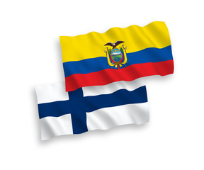 National vector fabric wave flags of Finland and Ecuador isolated on white background. 1 to 2 proportion.