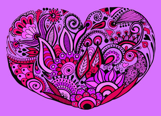 Romantic ornament in the center of flowers and curls, for a card for Valentine's Day, stock illustration