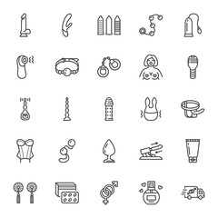 Sex shop flat line icons set. Adult toys, vibrator, dildo, bdsm handcuffs, perfume with pheromones, stimulant vector illustrations. Outline pictogram for sexshop. Pixel perfect 64x64 Editable Strokes