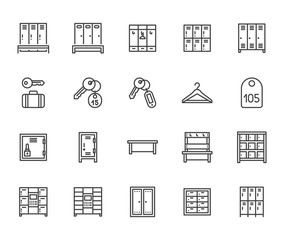 Locker room flat line icons set. Gym, school lockers, automatic left-luggage office, key tag vector illustrations. Outline pictogram personal belongings storage. Pixel perfect 64x64. Editable Strokes