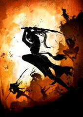 Naklejka premium A detachment of dexterous ninja in epic poses, escaping from the mountain to battle, With weapons at the ready, in the center a beautiful girl with a katana. Against an orange sunset