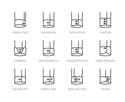 Shirt cuffs types flat line icons set. One button, french cuff, turnback sleeves vector illustrations. Outline pictogram for menswear store. Pixel perfect 64x64. Editable Strokes