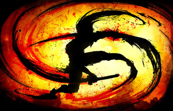 A ninja with two swords making circular cuts around himself leaving ink splashes, against a yellow background with a bloody funnel. 2D illustration