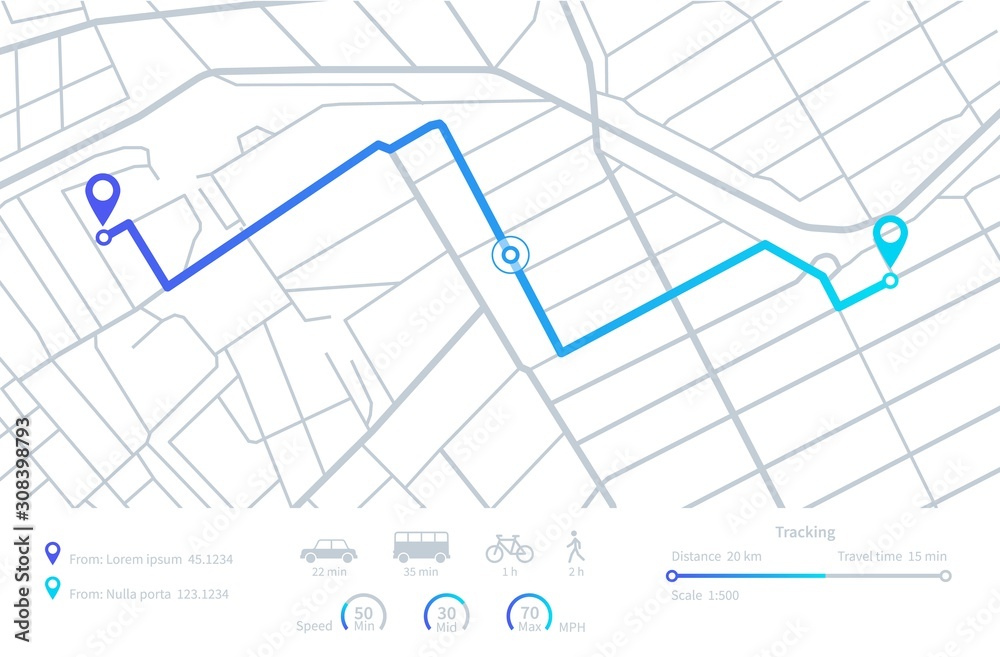 Wall mural gps navigation. planning routes. mobile navigating map with location city streets. distance tracking