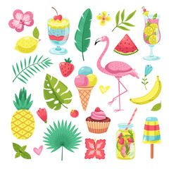 Summer elements. Tropical vacation photo booth props. Flamingo, ice cream and pineapple, leaves and cocktail, flower and smoothies vector set. Illustration pineapple and flamingo, cocktail tropical