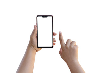 The hand is holding the white screen, the mobile phone is isolated on a white background.