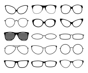 Glasses silhouettes. Fashion sunglasses frames, black spectacles. Geek and hipster eyewears. Man woman glasses. Vector icons set of eyesight lens, eyeglasses rim illustration - obrazy, fototapety, plakaty
