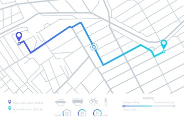 GPS navigation. Planning routes. Mobile navigating map with location city streets. Distance tracking. Vector dashboard interface elements. Illustration road gps route, distance roadmap interface