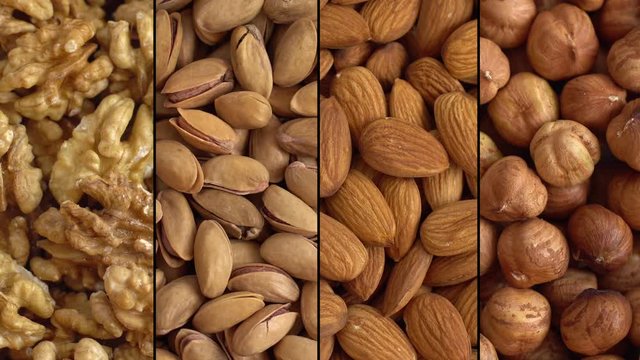 Collage of kernels of nuts. Macro. Clockwise rotation. 4K.