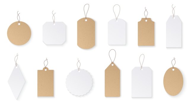 Price tags. White paper blank hanging labels with string. Cardboard shop signs mockups for christmas gifts isolated vector set. Blank paper tag hang, christmas cardboard hanging illustration