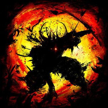 A sinister silhouette of a demon samurai with a sword and horns, glowing eyes on the background of yellow bloody vortex. 2D illustration.