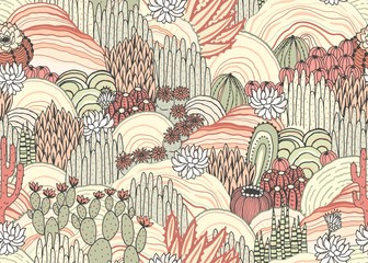 Cactussen en vetplanten op buiten, bloemenlandschap, naadloos patroon, milieu. Vector hand getekende illustratie in vintage stijl, kleurrijke print.