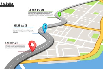 Roadway infographic. Locations map, highway pinned points with information. City map and navigation gps locations. Road traffic vector illustration. Traffic roadway location, forward way