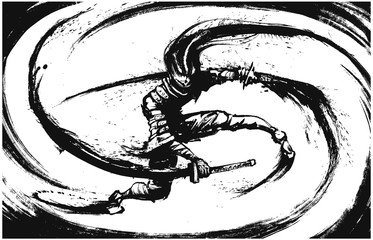 A ninja with two swords making circular cuts around himself leaving ink splashes, on a white background . 2D illustration © warmtail