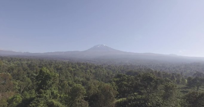 An aerial view of Mount Kilimanjaro from Moshi, Tanzania
