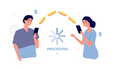 Money transfer. Mobile payment transaction service. People transfer money from phone to phone. Isolated man send coins woman vector illustration. Processing transfer money, transaction payment fast