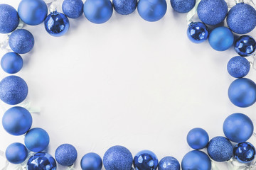 Christmas balls classic blue. Copy space, flat lay.