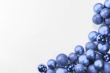 Christmas balls classic blue. Copy space, flat lay.