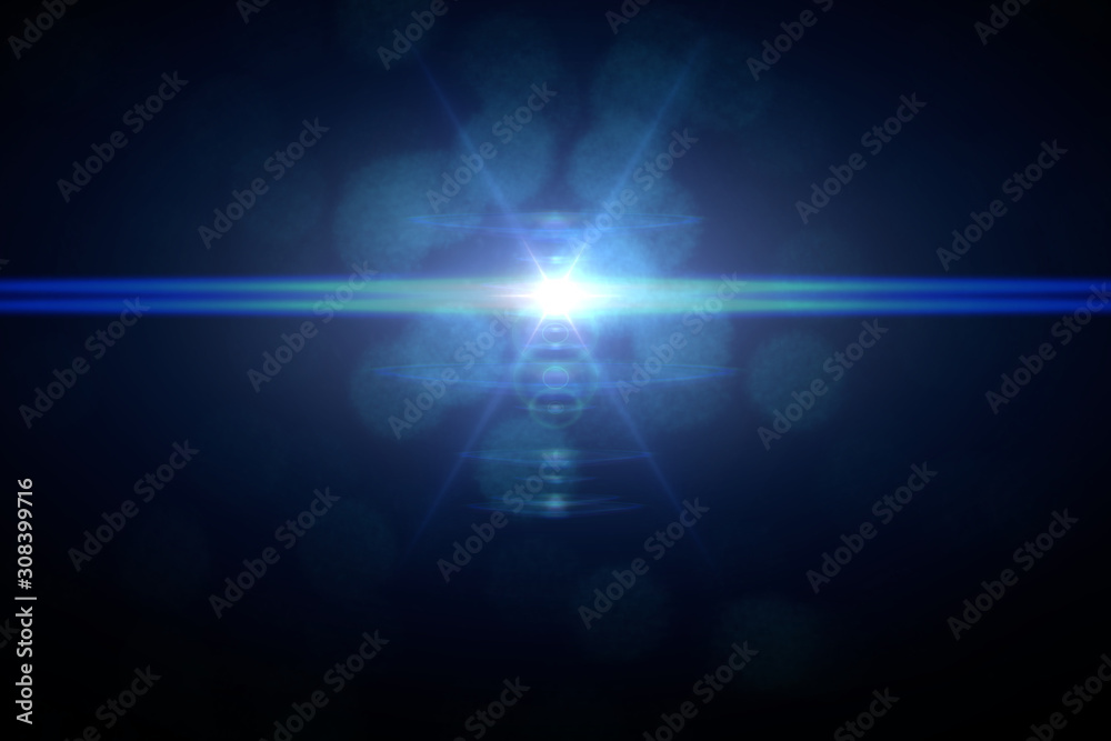 Sticker centered blue lens flare overlay texture with bokeh effects and light streak on black background