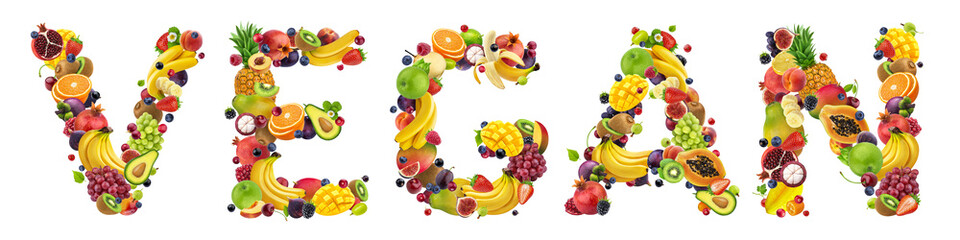 Word VEGAN made of different fruits and berries