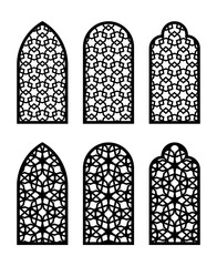 Arabic arch window or door set. Cnc pattern, laser cutting, vector template set for wall decor, hanging, stencil, engraving
