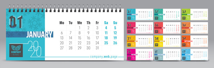 Calendar template for 2020 year. Vector and typographic planner diary in minimalist style.