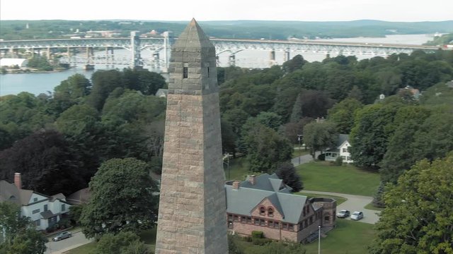 Aerial: Memorial at Fort Griswold Battlefield State Park, Groton, Connecticut, USA