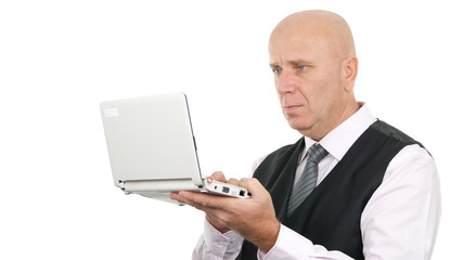 Confident Businessman Image Reading News Using Laptop Internet Connection