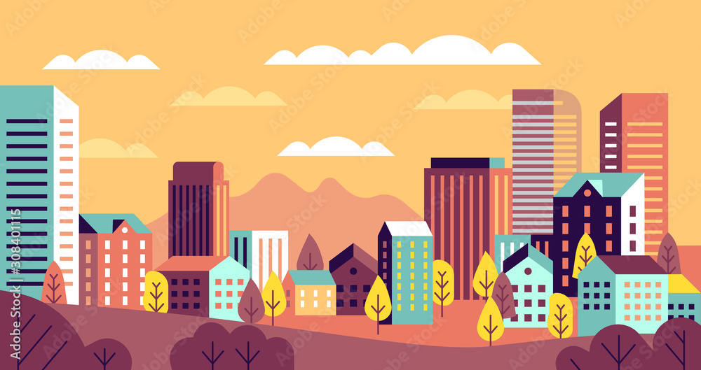 Wall mural autumn city landscape. simple cityscape with buildings panorama. cute houses, hills and trees with y