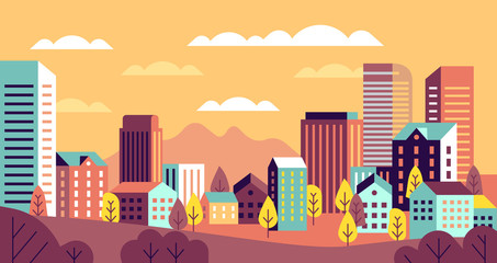 Autumn city landscape. Simple cityscape with buildings panorama. Cute houses, hills and trees with yellow leaves. Vector background © YummyBuum