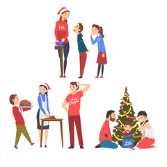 People Preparing for Winter Holidays, Men, Women and Kids Decorating Christmas Tree and Cooking Delicious Dishes Vector Illustration