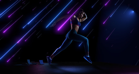 Sport backgrounds. Runner isolated on black. Dramatic magic scene with fallen neon stars.