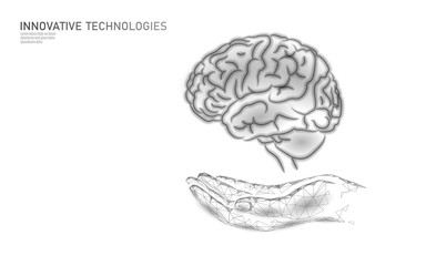 Brain treatment low poly 3D render. Medicine care hand drug mental health concept. Cognitive rehabilitation in Alzheimer's disease center banner template patient vector illustration