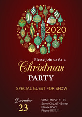 Invitation card for a Christmas party. Design template with xmas hand-drawn graphic illustrations. Greeting card with the New Year and Christmas holidays.